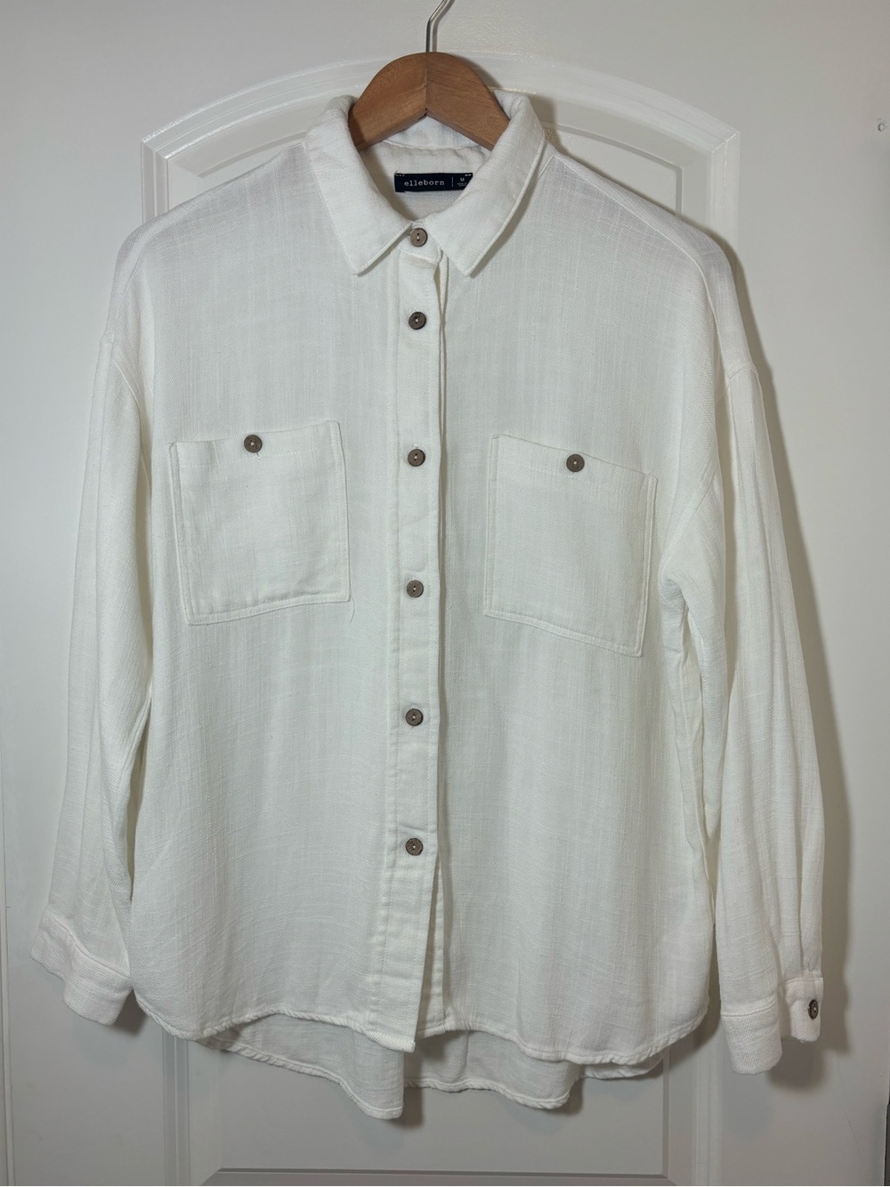 Women Lightweight Off-White Button-Up Shirt with Patch Pockets